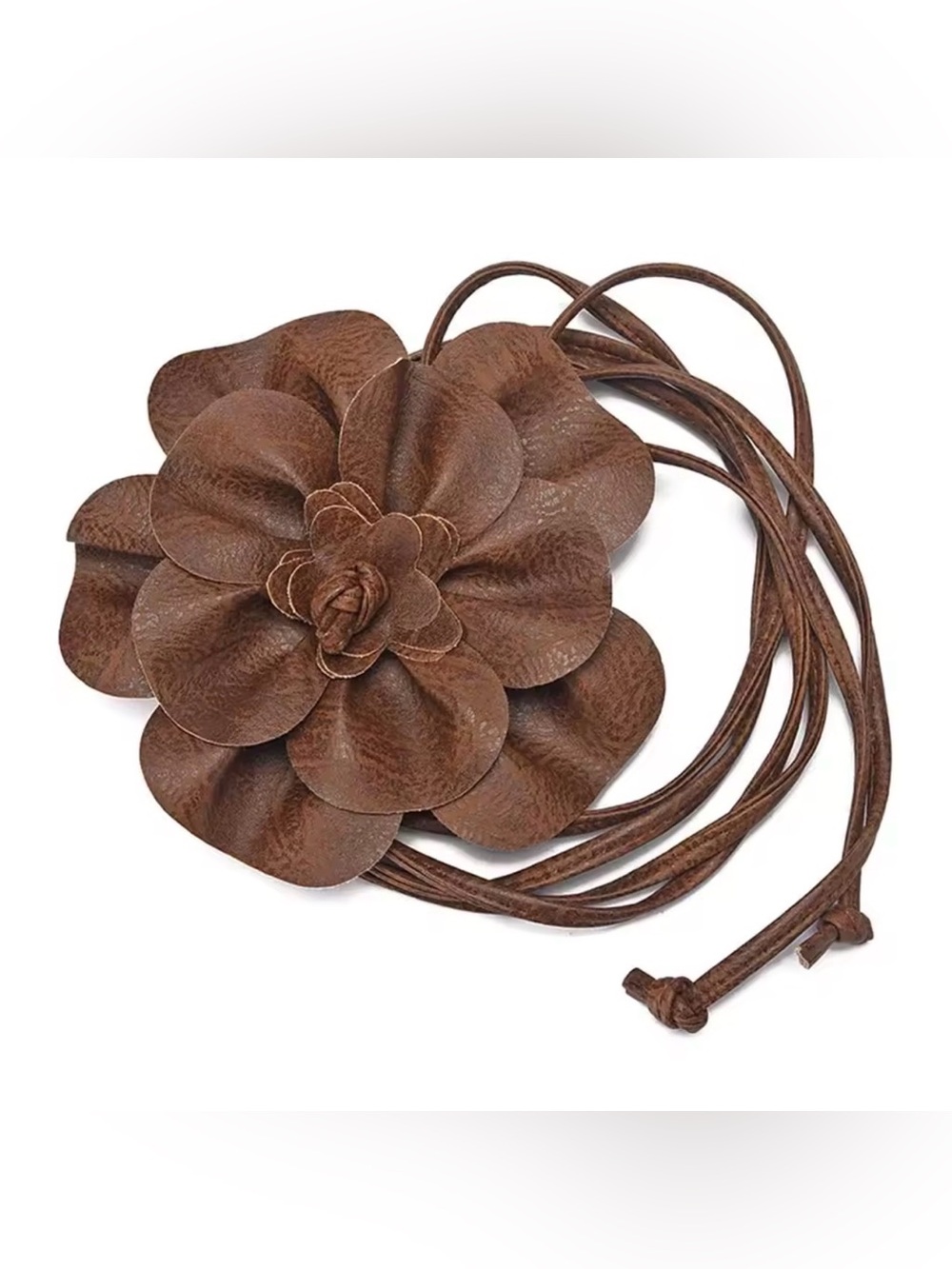 Brown Leather Flower Belt with Braided Waist Cord - Picture 2 of 3